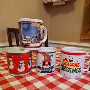 Christmas Holiday Mugs Lot of 4 Mis-matched Currier & Ives Cat Snowman Santa